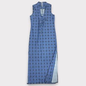 Helen Jon Blue Print Sleeveless Maxi Resortwear Dress Side Slit Lace Up Neck M
